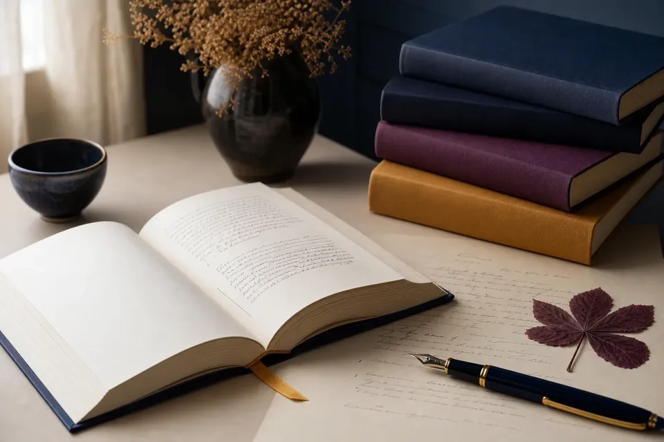 An open book and fountain pen for English and literature study