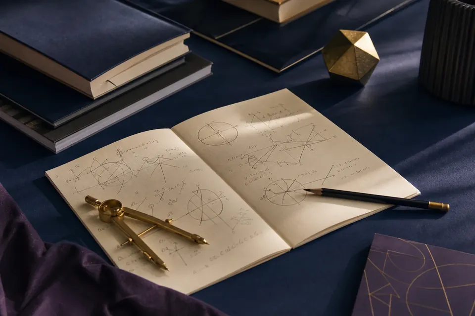 A mathematics study desk with geometric diagrams and brass instruments
