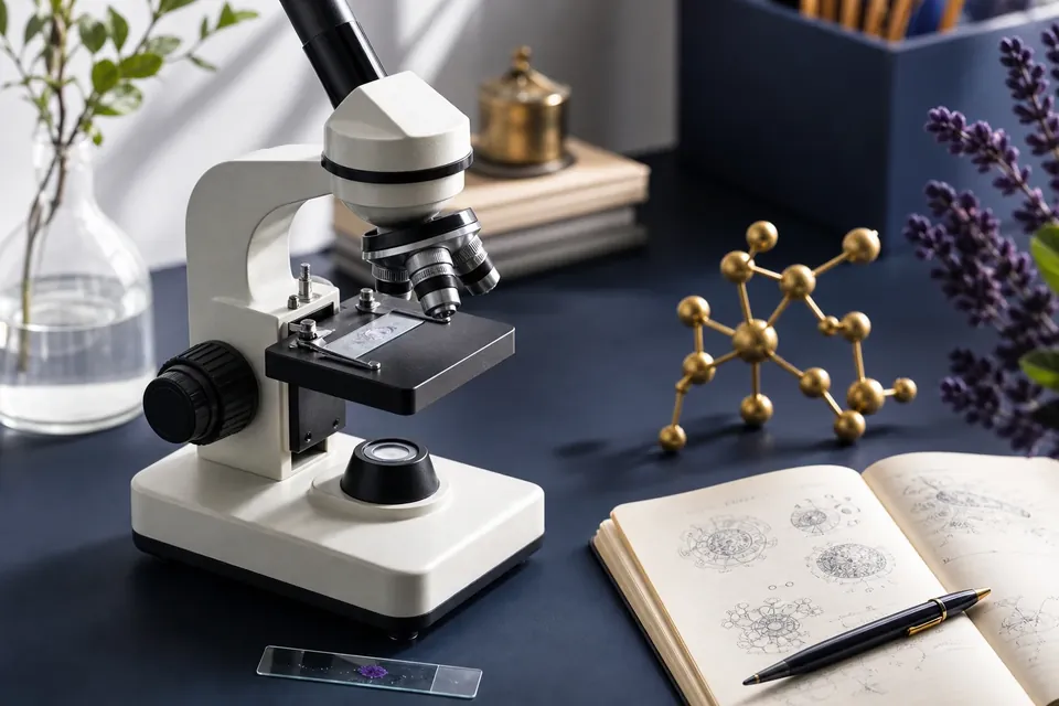 A microscope, specimen slide and notebook for science study